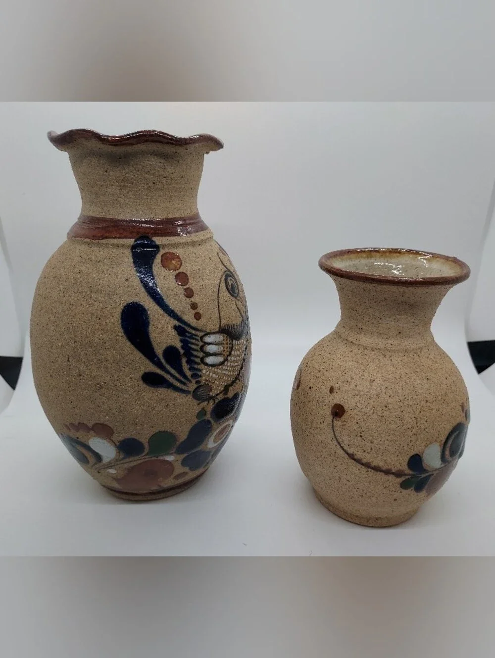 Vintage Tonala Sandstone Mexican Pottery Vases Flowers Floral Blue Brown (2)